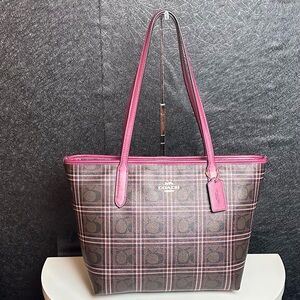 COACH Signature Canvas Zip Top Signature Shirting Plaid Print Tote Shoulder Bag